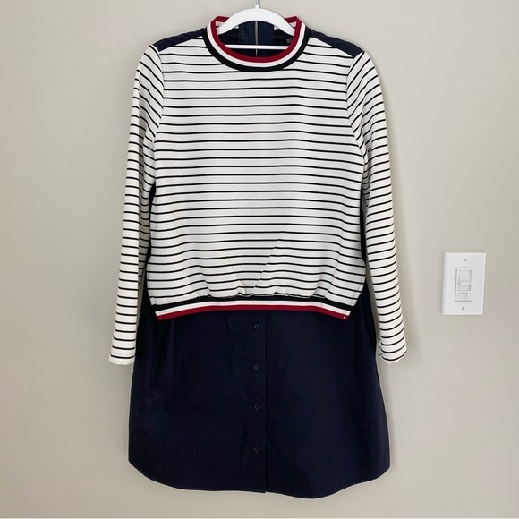 Zara Striped White Navy Long Sleeve Button Front Shift Dress half Sweater XS - Picture 6 of 16